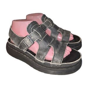 DR MARTENS ASHA Sz 8 Distressed Gray Crackle Leather Buckle Chunky Boho Sandals